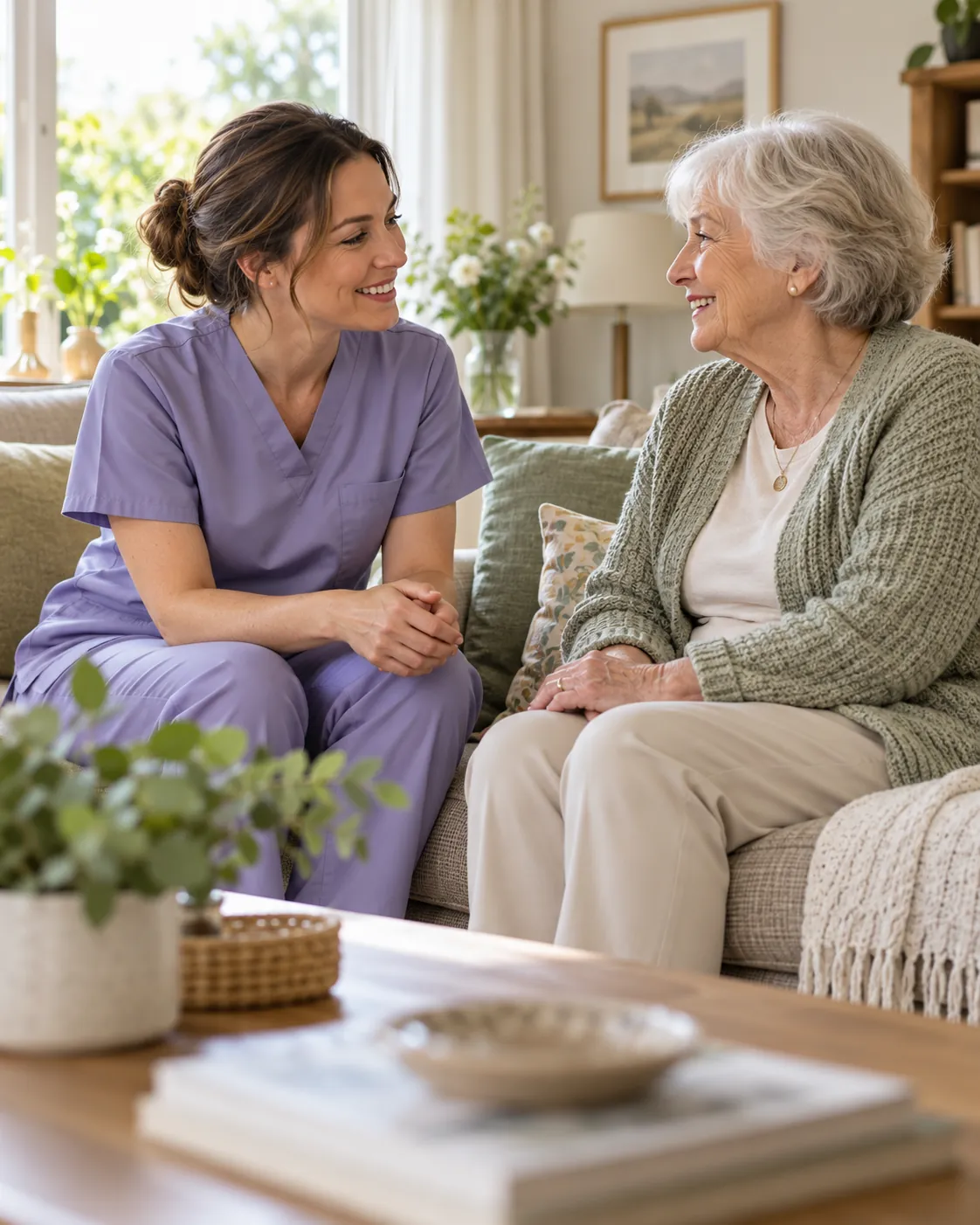 A healthcare professional listening to an older woman at home