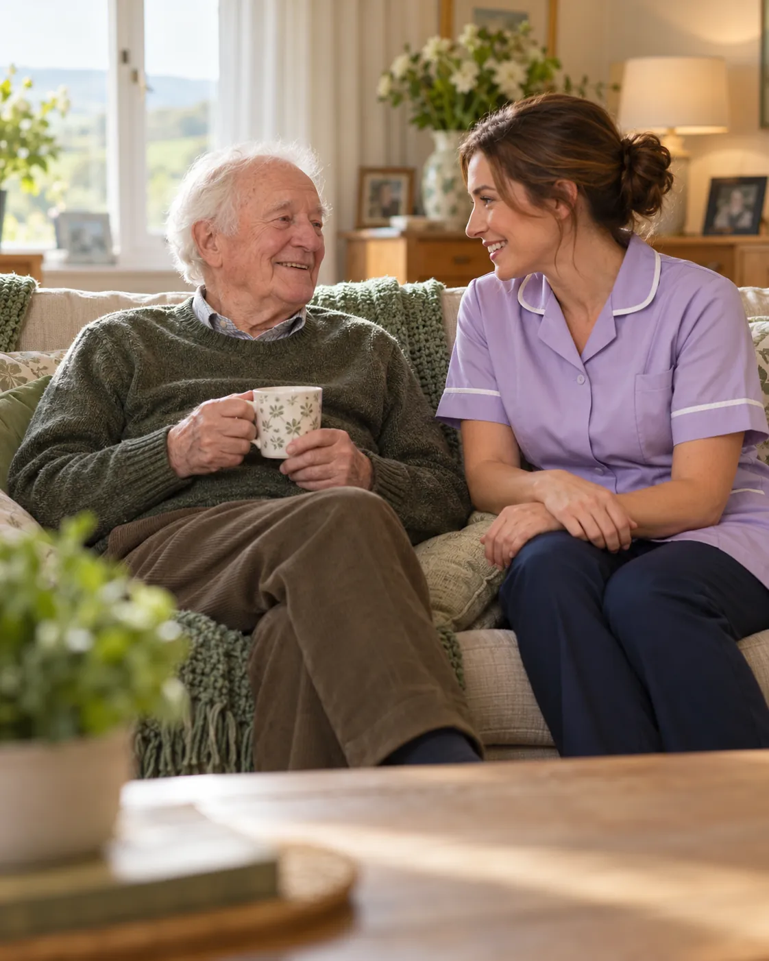 A carer and an older man enjoying a conversation at home
