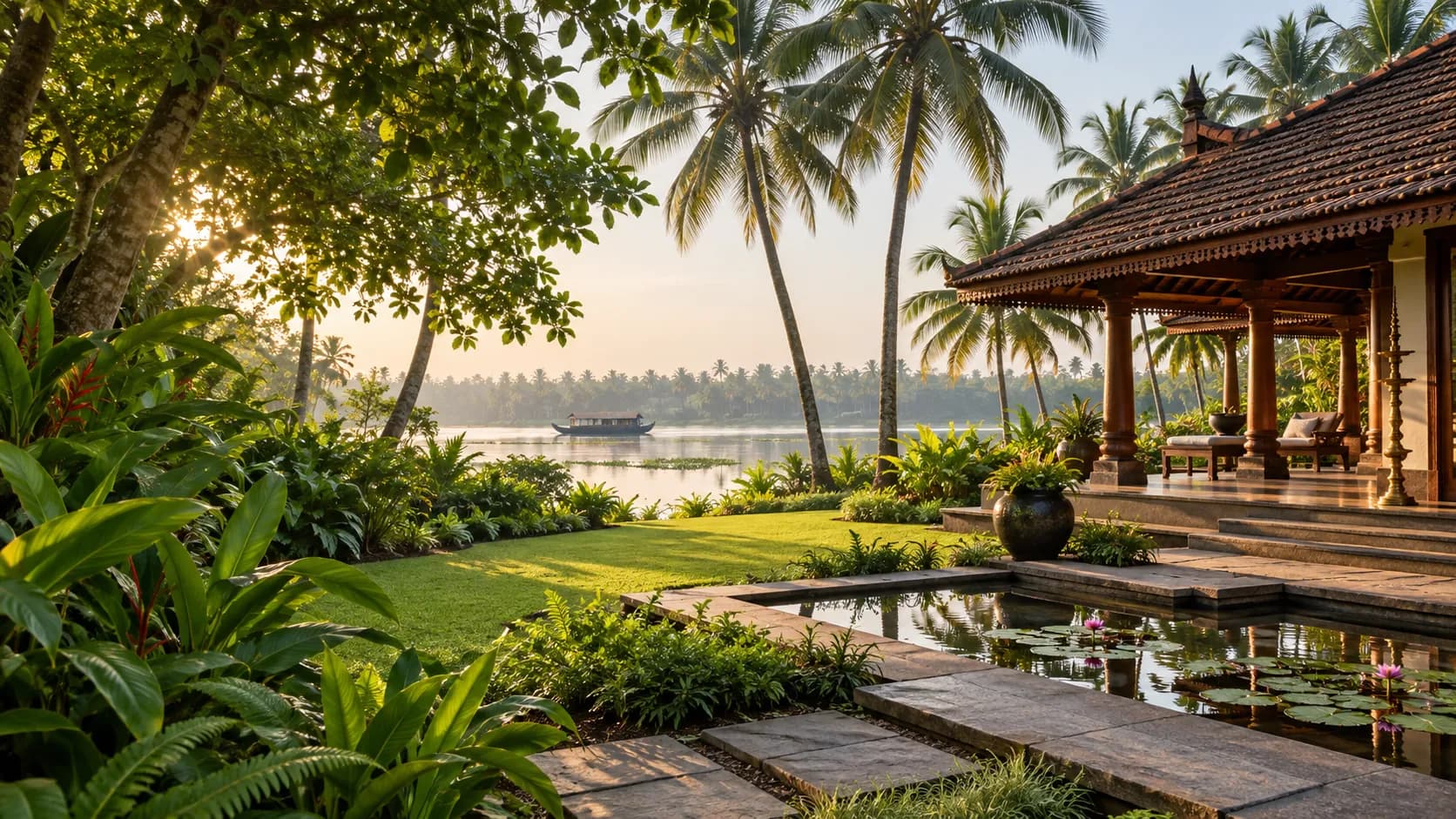 An illustrative wellness retreat garden beside the backwaters of Kerala