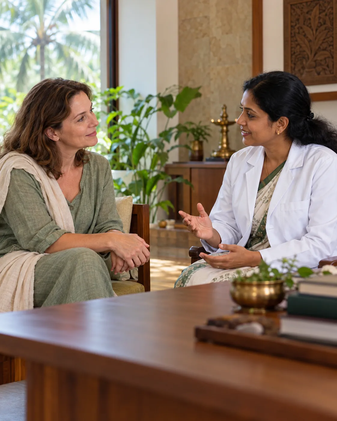 A visitor discussing her options with a doctor in a tropical wellness setting