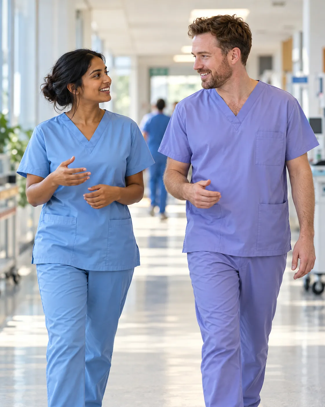Healthcare professionals sharing a conversation in a hospital corridor