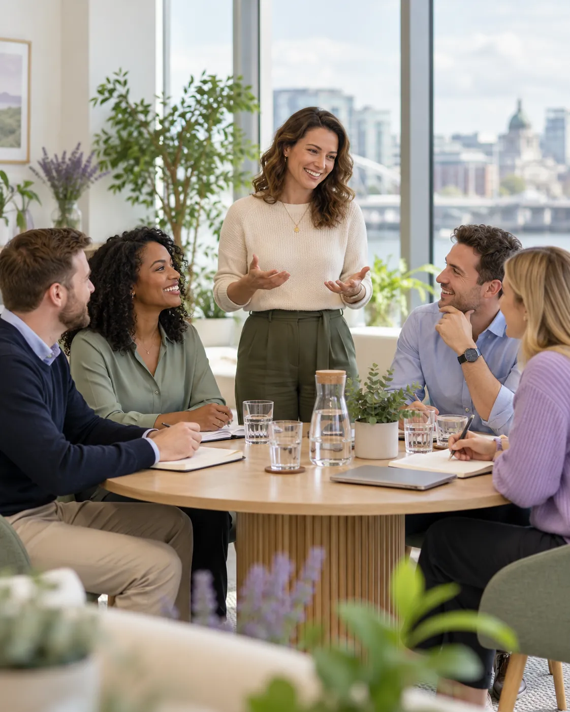 Office colleagues and a wellbeing facilitator having a supportive workplace discussion