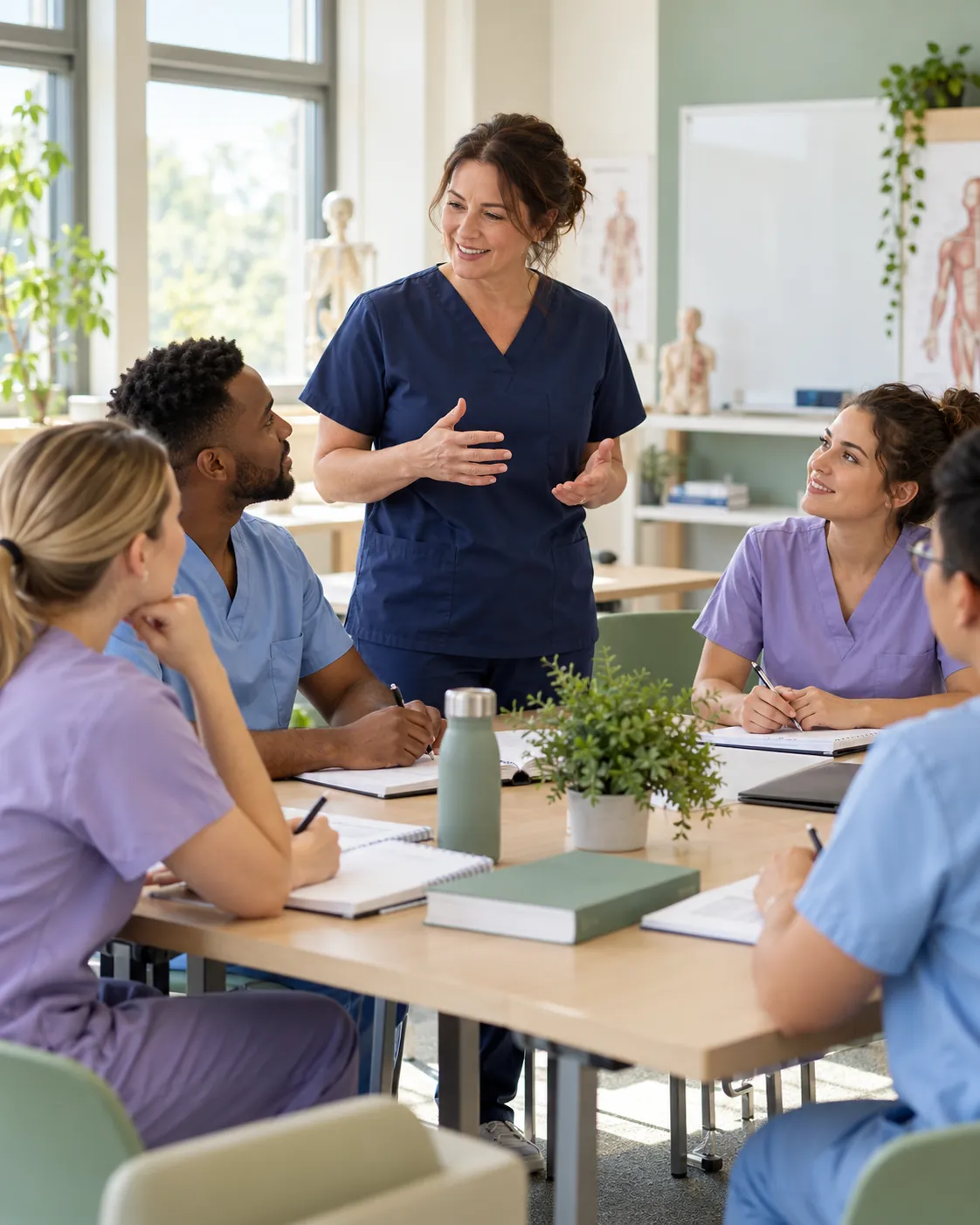 A nurse educator and healthcare professionals learning together in a bright classroom